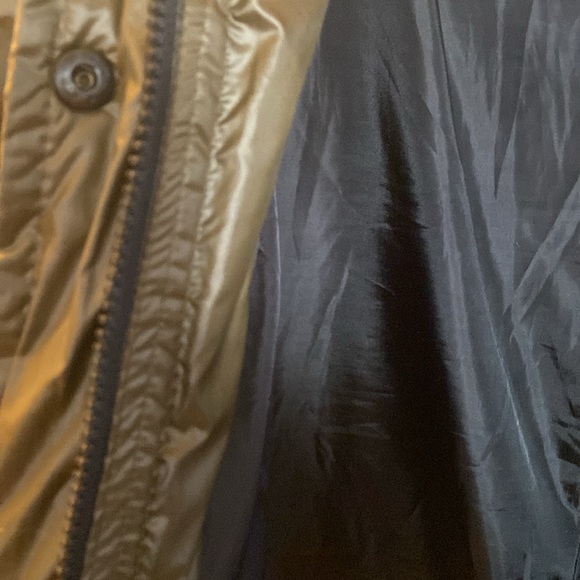 Andrew Marc long olive green puffer coat with furred hood. Zipper, snaps. Med - Picture 5 of 7